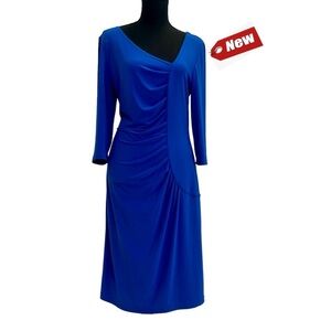 Joseph Ribkoff cobalt royal blue ruched gathered dress asymmetrical neckline 10